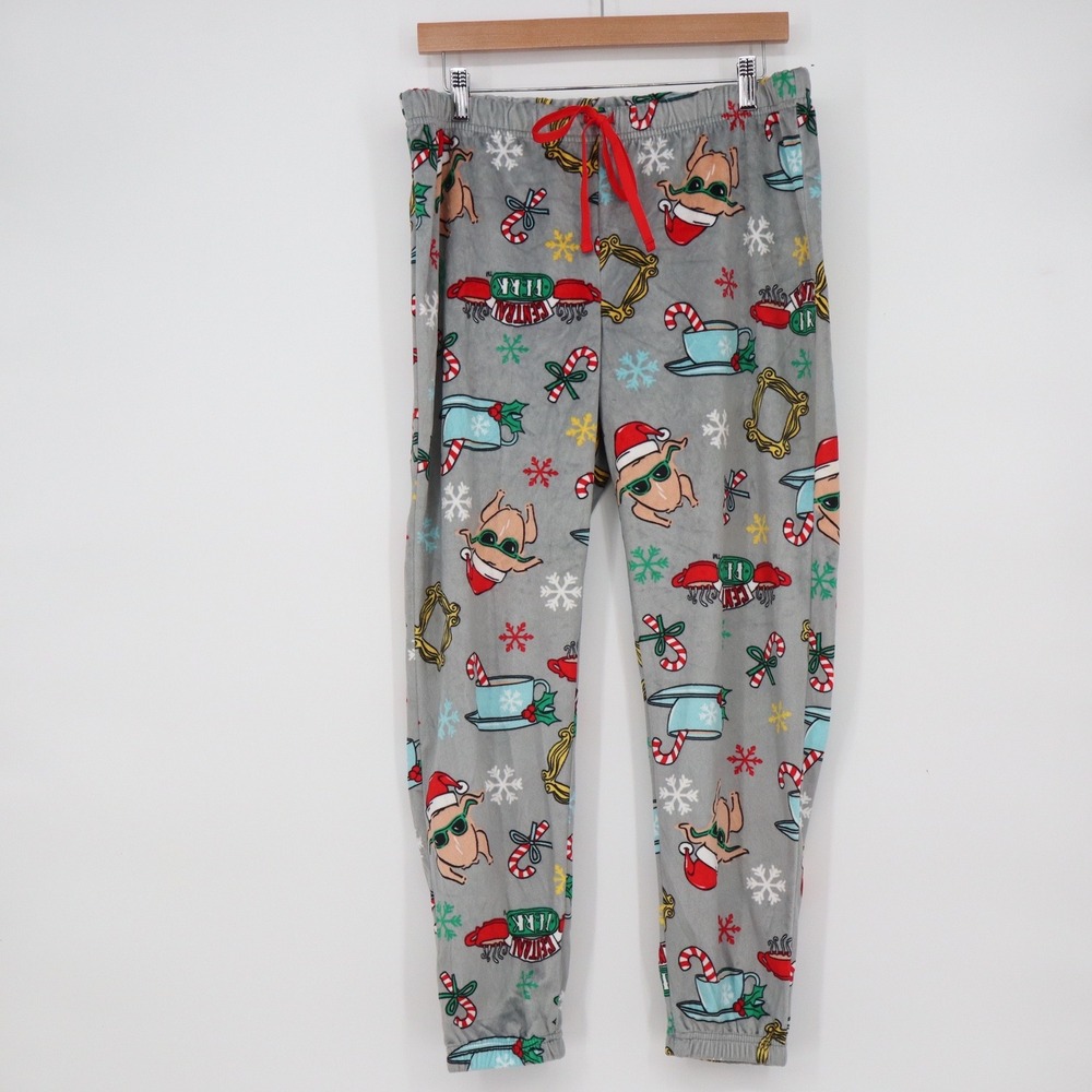 Friends TV Series Christmas Pajama Pants Gray Fleece Joggers Central Perk Large